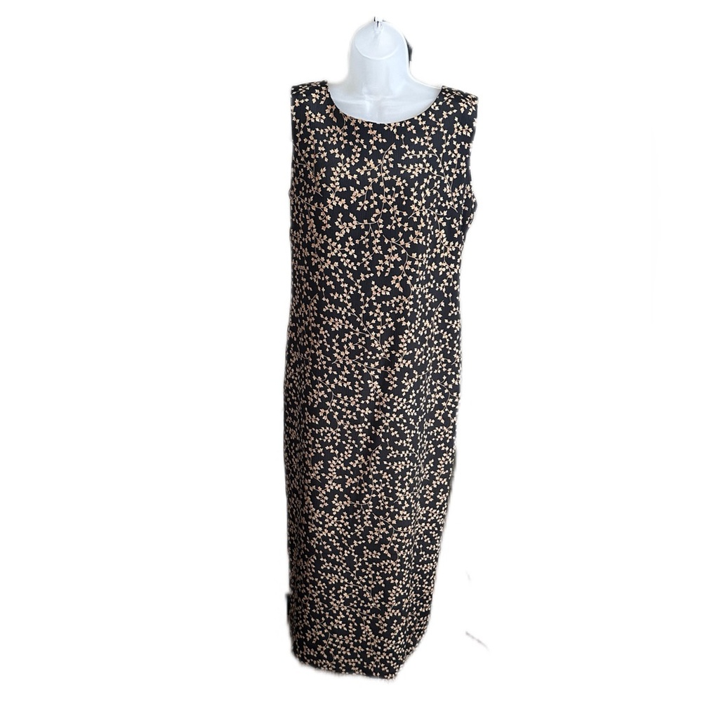 Vintage Leslie Fay Black Leaf Print Sleeveless Dress Size 14